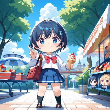 score_max, (score_9, score_8_up, score_7_up:1.0), score_6_up, official art,
, masterpiece, absurdres, high detail, 8k,
park, fountain, shop wagon, tiled floor, blue sky,
standing, legs apart, double v, holding crepe, fruit, smile, blush,
solo, (chibi:1.2), kaorin, school uniform, hairclip, white sailor collar, white shirt, long sleeves, red bowtie, pleated skirt, blue skirt, black socks, loafers
<lora:XL_Pony_MGCM-kaori-t1:1>