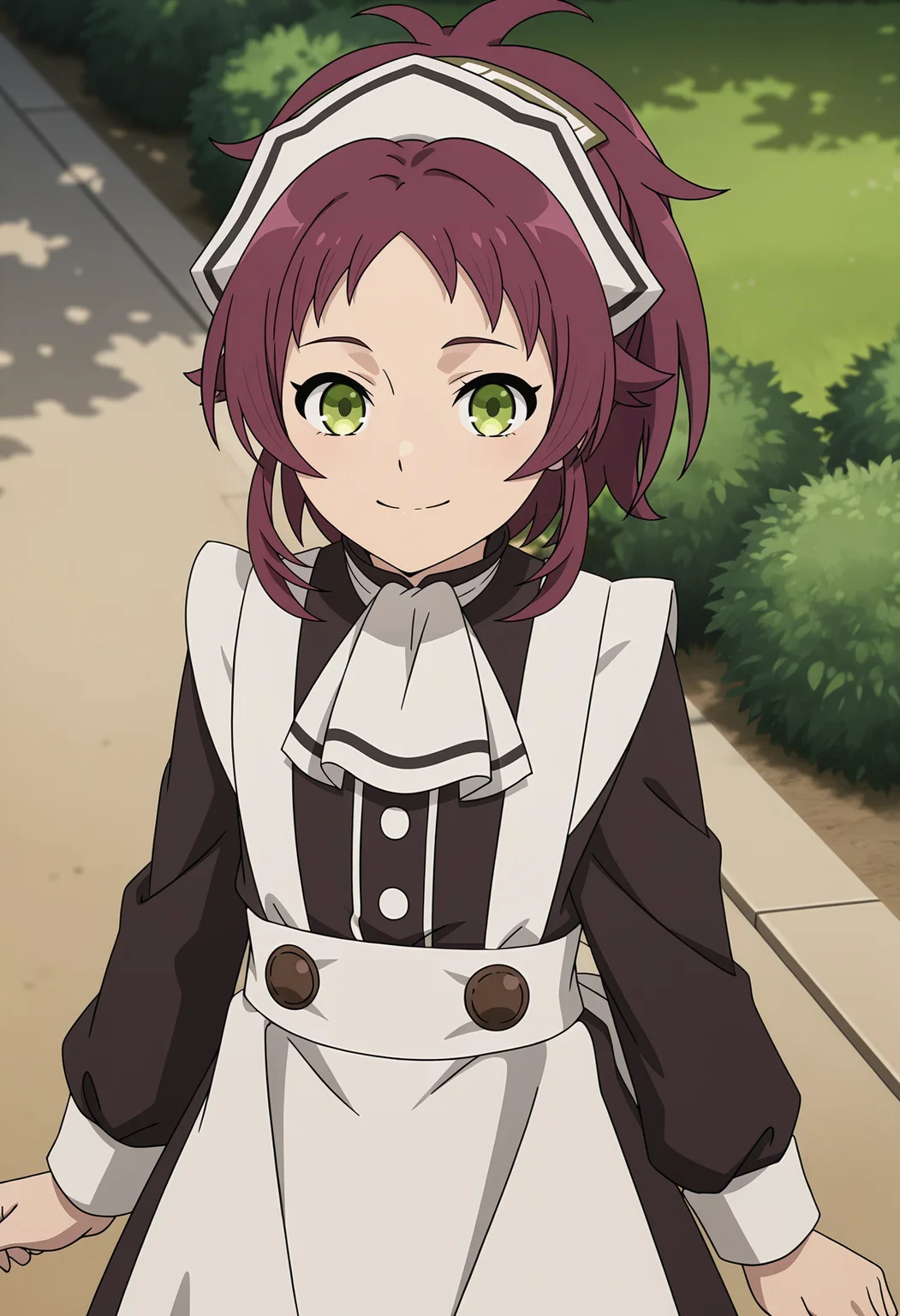 <lora:Aisha GREYRAT_illustrious-000046:1>,
Aisha GREYRAT,solo,smile,apron,ponytail,closed mouth,dress,black dress,long sleeves,brown hair,looking at viewer,outdoors,maid headdress,purple hair,white apron,anime screencap