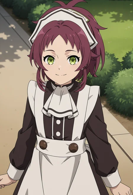 <lora:Aisha GREYRAT_illustrious-000046:1>,
Aisha GREYRAT,solo,smile,apron,ponytail,closed mouth,dress,black dress,long sleeves,brown hair,looking at viewer,outdoors,maid headdress,purple hair,white apron,anime screencap