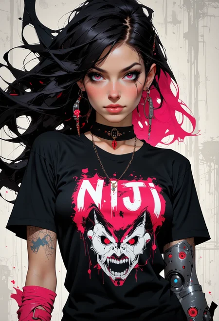 alternative woman wearing a shirt that says "Niji art V2", cyberpunk, mechanical arm. Niji style.