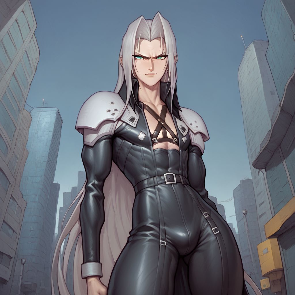 score_9, score_8_up, score_7_up, flightless detailed closeup action shot, from front, Sephiroth leaping through the air swinging very long sword in a wide overhead arc, smug expression, dynamic pose, exaggerated perspective emphasizing action, in an industrial city at night, dim street lighting, solo, beautiful, androgynous, flat chest, leather straps, broad shouldered, long draping leather overcoat, high contrast, industrial cityscape background,