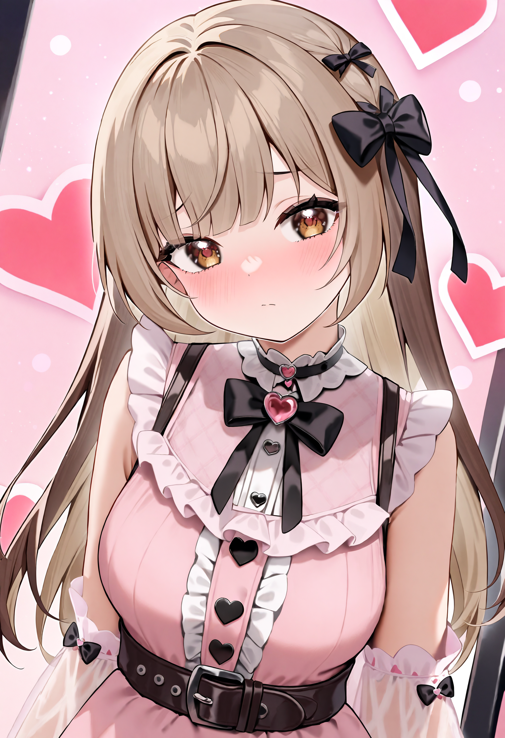 <lora:Animagine_Style5118164398-000210:1>, 1girl, solo, brown eyes, brown hair, ribbon, hair ribbon, blush, black ribbon, collar, closed mouth, black bow, heart print, frills, looking at viewer, black bowtie, medium hair, medium breasts, head tilt, pink shirt, center frills, white shirt, vest, jirai kei, collared shirt, see-through, long hair, frilled shirt, pink dress, looking to the side, pink vest, sidelocks, hair bow, buckle, belt, plaid, light brown hair, masterpiece, best quality, very aesthetic, absurdres