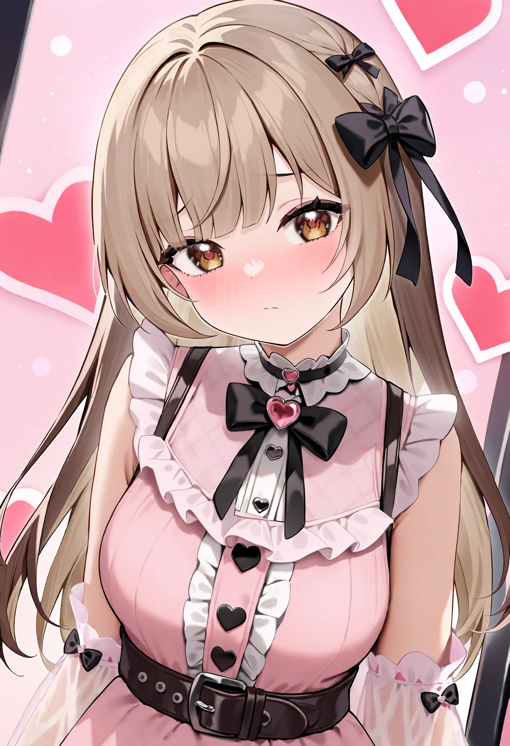 <lora:Animagine_Style5118164398-000210:1>, 1girl, solo, brown eyes, brown hair, ribbon, hair ribbon, blush, black ribbon, collar, closed mouth, black bow, heart print, frills, looking at viewer, black bowtie, medium hair, medium breasts, head tilt, pink shirt, center frills, white shirt, vest, jirai kei, collared shirt, see-through, long hair, frilled shirt, pink dress, looking to the side, pink vest, sidelocks, hair bow, buckle, belt, plaid, light brown hair, masterpiece, best quality, very aesthetic, absurdres