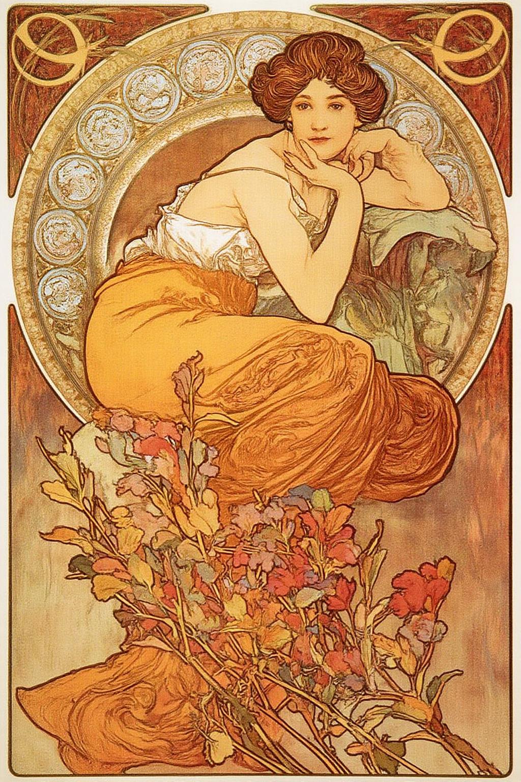 mucha1 illustration. 
A woman with a serene expression, dressed in a flowing, orange-red dress that cascades down her body, adorned with intricate, stylized patterns. Her hair is styled in an elegant, updo with soft, wavy curls. <lora:mucha1_cap_d6a3e11:1.0><lora:822874953482467848:0>