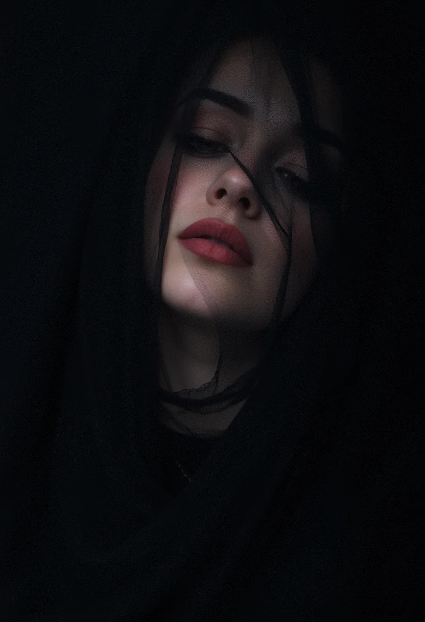 A mysterious woman with her face partially obscured by a black veil. Only her lips are visible, forming a enigmatic smile. The rest of the image is blurred, focusing solely on her lips. The lighting is soft, casting a faint shadow over her face, adding to the intrigue. The scene feels intimate and secretive.  <lora:FluxDFaeTasticDetails:0.8>  <lora:aidmaHyperrealism-FLUX-V0.1:0.45> aidmaHyperrealism,