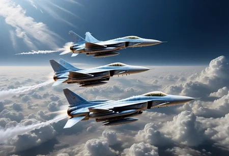 GOLD LIQUID METAL jet fighters, racing through SILVER LIQUID METAL clouds, liquid metal sprays from there jets, flying through a BLUE LIQUID METAL sky