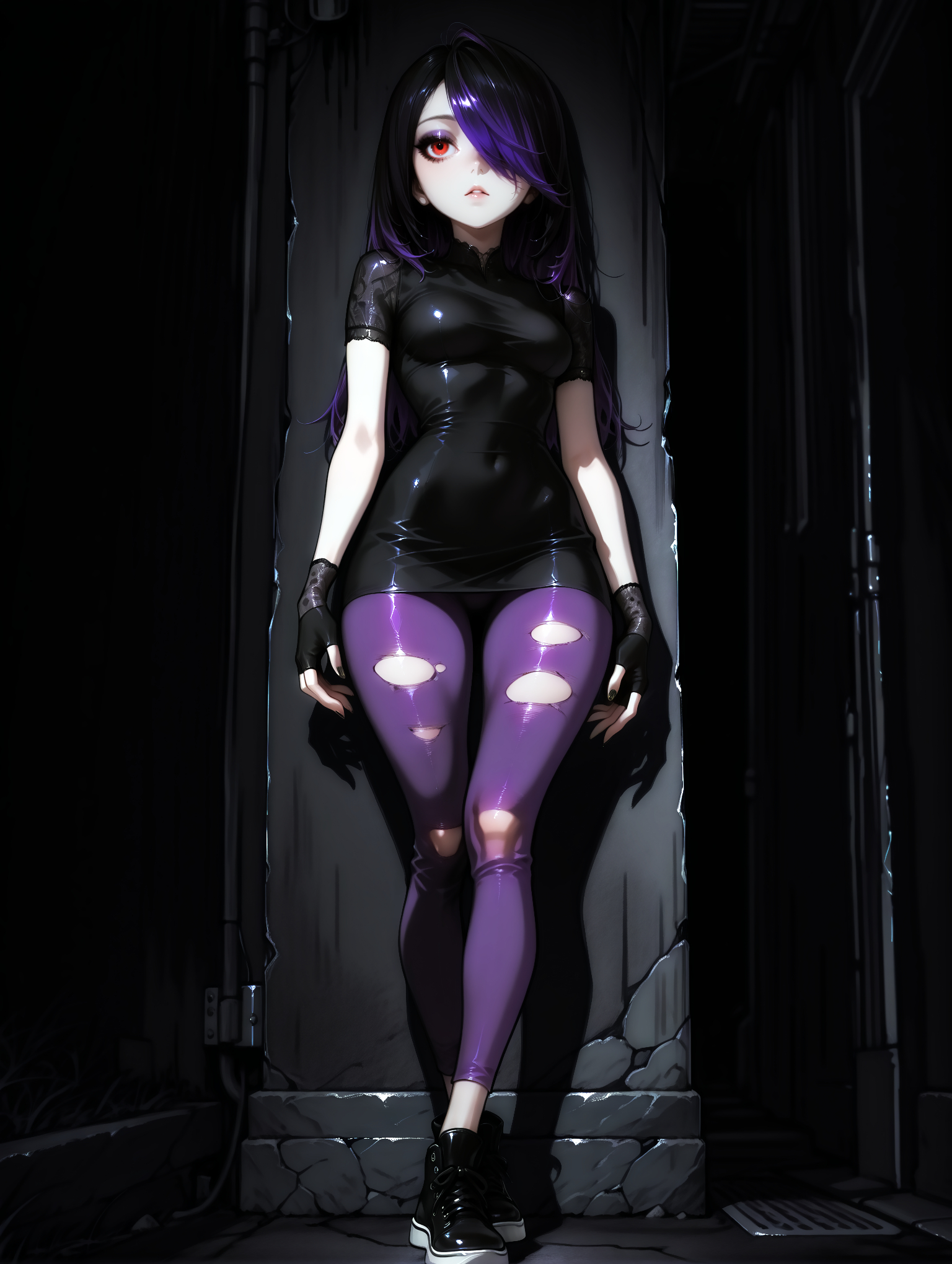 masterpiece, very aesthetic, best quality, hiper-detailed, intricate details, dynamic light, rich colors, 21 years old, medium breast, wide hips, full body, standing, solo, dark, darkness, night, imtdjuleka, 1girl, black hair, purple hair, multicolored hair, long hair, hair over one eye, red eyes, brown eyes, two-tone hair, gloves, fingerless gloves, dress, black gloves, short sleeves, black dress, makeup, nail polish, black nails, leggings, torn leggings, eyeshadow, sneakers, black footwear

