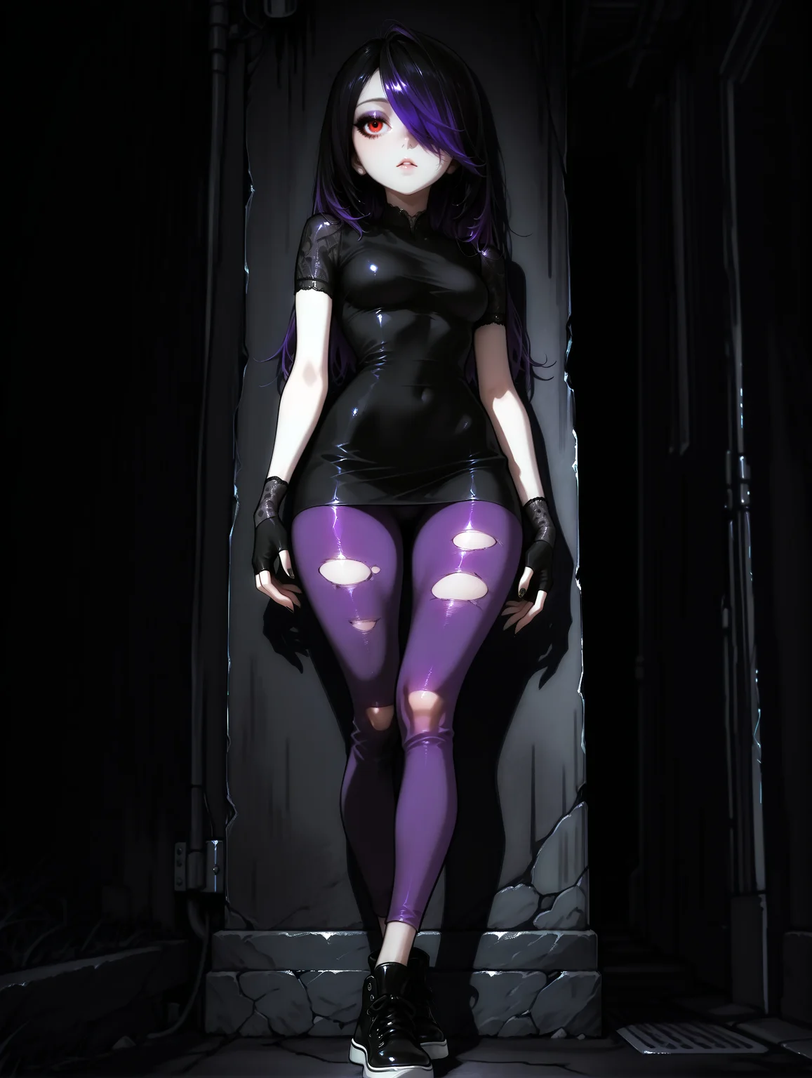 masterpiece, very aesthetic, best quality, hiper-detailed, intricate details, dynamic light, rich colors, 21 years old, medium breast, wide hips, full body, standing, solo, dark, darkness, night, imtdjuleka, 1girl, black hair, purple hair, multicolored hair, long hair, hair over one eye, red eyes, brown eyes, two-tone hair, gloves, fingerless gloves, dress, black gloves, short sleeves, black dress, makeup, nail polish, black nails, leggings, torn leggings, eyeshadow, sneakers, black footwear