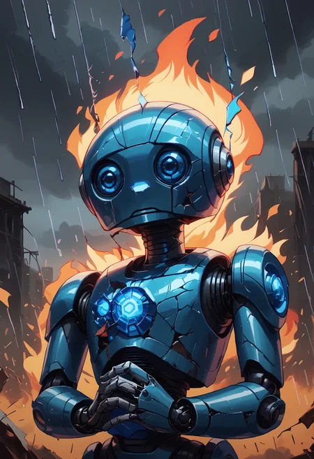 score_9, score_8_up, score_7_up, portrait, head down, raining, fire, flames in background, grey sky, grey clouds, sad, looking down, <lora:CivBotPDXL:1> CivBot, blue robot, <lora:GLSHS:0.7> GLSHS, partially illuminated, <lora:ShatteredGlass_XLPD:0.5> shattered, crack, looking at own hands