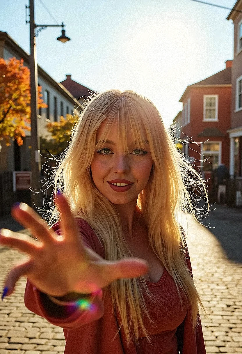 sw33ny wearing makeup, close-up shot, photorealism, photography of a beautiful woman, standing on a cobblestone street, sunset, lens flare, rainbow lens flare wearing casual autumn clothes, long blonde hair, asymmetrical bangs, ,reaching out, fake nails, nail polish, smiling warmly, outdoors, autumn foliage, traditional houses,power lines, cable, chain-link fence, fountain, vibrant colors, detailed, photorealistic,looking at viewer, wind, hair flowing over, crowded, cinematic lighting,
