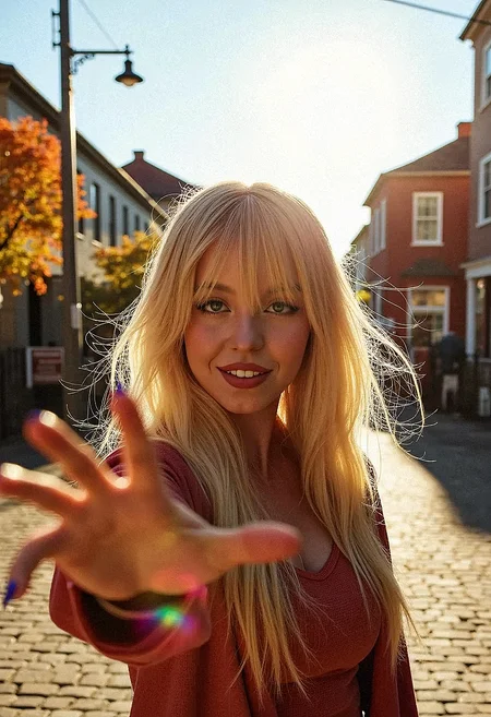 sw33ny wearing makeup, close-up shot, photorealism, photography of a beautiful woman, standing on a cobblestone street, sunset, lens flare, rainbow lens flare wearing casual autumn clothes, long blonde hair, asymmetrical bangs, ,reaching out, fake nails, nail polish, smiling warmly, outdoors, autumn foliage, traditional houses,power lines, cable, chain-link fence, fountain, vibrant colors, detailed, photorealistic,looking at viewer, wind, hair flowing over, crowded, cinematic lighting,
