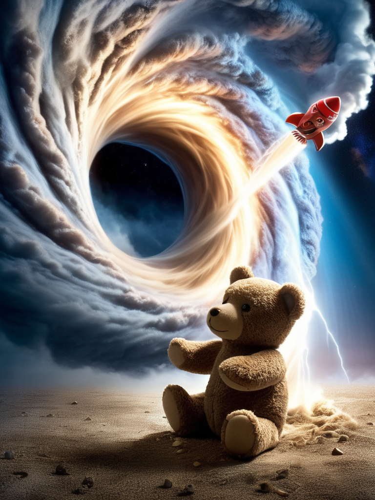 a stuffed teddybear tornado creating havoc thorugh a small american subburb <lora:ral-blackhole:0.35> ral-blackhole