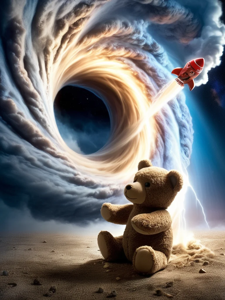 a stuffed teddybear tornado creating havoc thorugh a small american subburb <lora:ral-blackhole:0.35> ral-blackhole