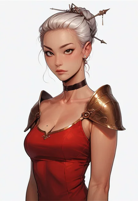 score_9, score_8_up,score_7_up, score_6_up, score_5_up, score_4_up,
BREAK, femchar01_asian, solo, white background, breasts, cleavage, simple background, mole, hair ornament, lips, mole on breast, white hair, armor, shoulder armor, upper body, closed mouth, collarbone, brown eyes, medium breasts, looking at viewer, choker, red dress,
BREAK, aesthetic, wallpaper, high quality, concept art, realistic, dark theme, low light,