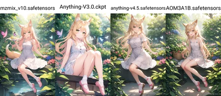 masterpiece, best_quality,1girl, solo,fox_ears,yellow eyes:1.5|green eyes:1.1,(pink hair:1.2|blonde hair), gentle hazel eyes, flowing wavy hair, ankle socks, gazing at viewer, white socks, ballet flats, pastel sundress, full body, butterfly garden, surrounded by fluttering butterflies, sunlight filtering through leaves, serene expression, spring