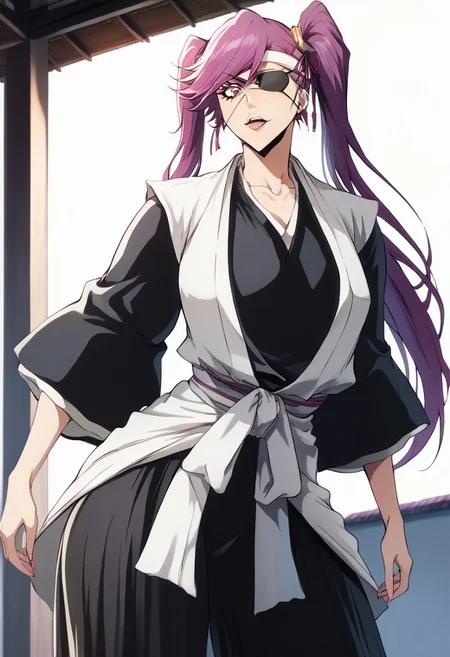 score_9, score_8_up, score_7_up, source_cartoon 1girl, saito_furoufushi, black kimono, white haori, white headband, eyepatch, ((solo)), ((solo focus)), makeup, cute, feminine body, (feminine face), (feminine hairstyle, long hair, side bangs)), tight clothes, cowboy shot, large breasts, wide hip, bubblebutt, huge butt, thick thighs, small waist, (rim lighting, studio lighting), detailed eyes, ultra-detailed, ((flirty)), ((sexy pose)), huge breasts, <lora:Bleach_TYBW:1>