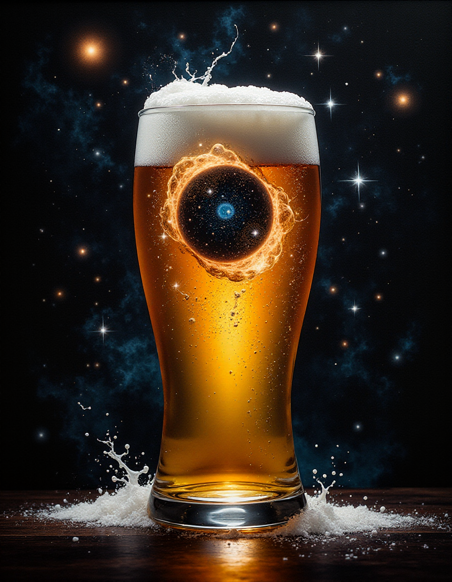 a painting of a star cluster in the sky with a lot of stars in the center of the image, Anato Finnstark, cosmic horror, an airbrush painting, space art, cosmic clouds, galaxies, black holes, stars, the star cluster and cosmic clouds form a beer glass with this inside: American Light Lager: Very pale straw to pale yellow. White, frothy head seldom persists. Very clear, Pint glass, nonic pint glass, or shaker pint glass. , that looks into the image, highly detailed, DSLR, raw, Panasonic Lumix GH4, f1.2, 50mm, cinematic lighting  <lora:fluxenhancer:1>, black, white, red color-scheme,