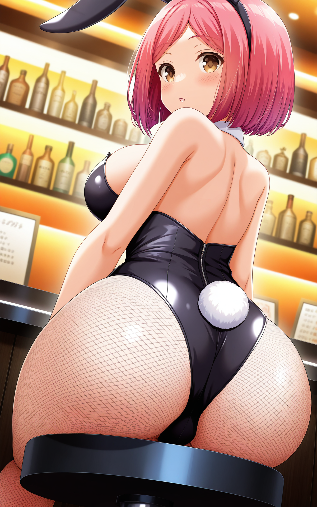 masterpiece, best quality, good quality, newest,4k, perfect lighting, cinematic, very aesthetic, official art, anime screencap, anime coloring,indoors,bar,bar counter,
1girl,solo,tachibana kyoko,pink hair,short hair,brown eyes,large breasts,
playboy bunny,ass,fishnet pantyhose,sitting,on chair,from below,ass focus,
looking back,looking at viewer,blush,parted lips,BREAK
<lora:ILtachibana_kyoko:1>