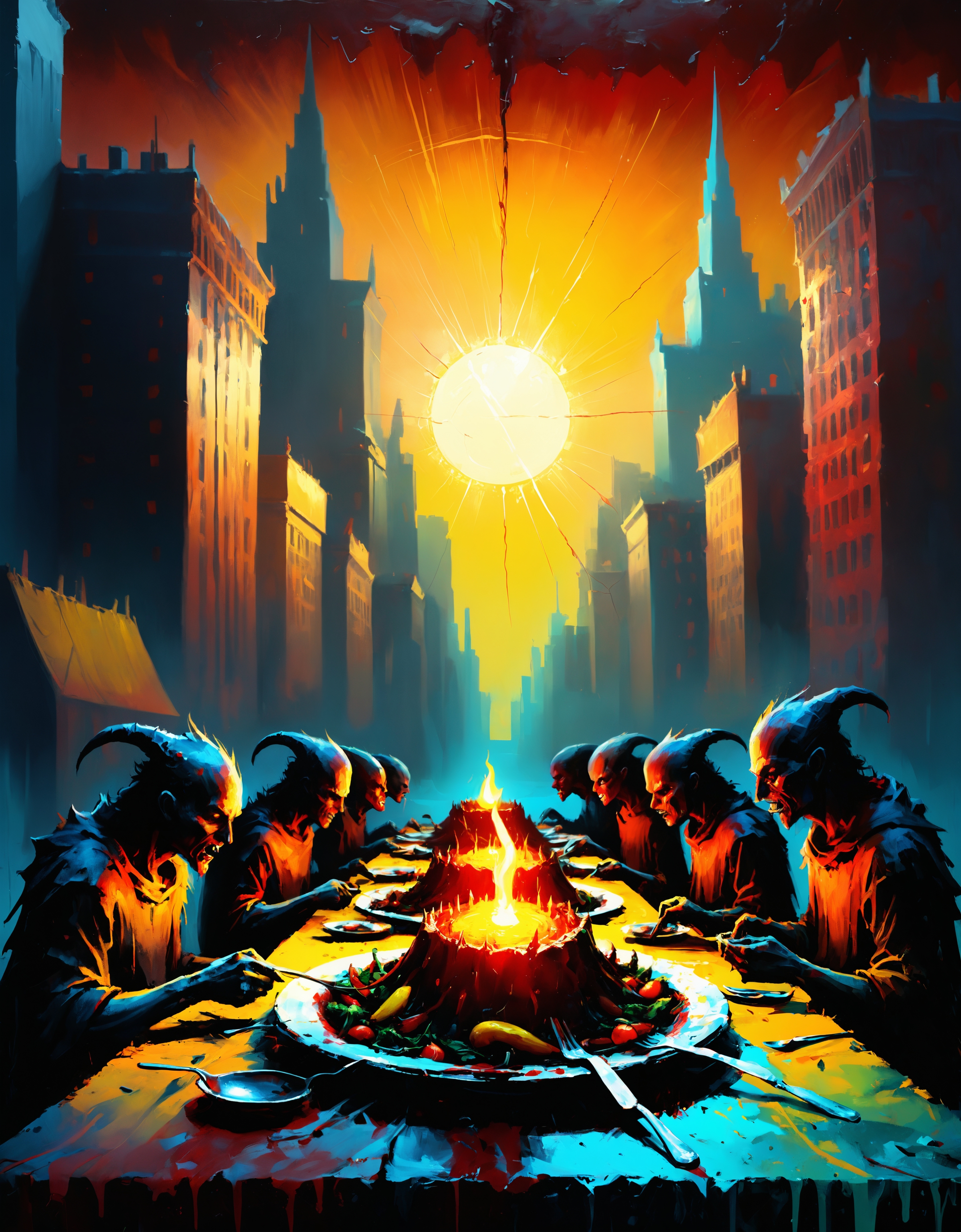 zavy-rghpnt, Ugly ("The Eaters of Light":1.1) , cityscape, Sunny, shallow depth of field, Grunge Art, Ambient lighting, amateurish, scene, rich deep colors, fine detail, striking, cool colors, surreal, professional fine composition, delicate, creative, full color, sublime