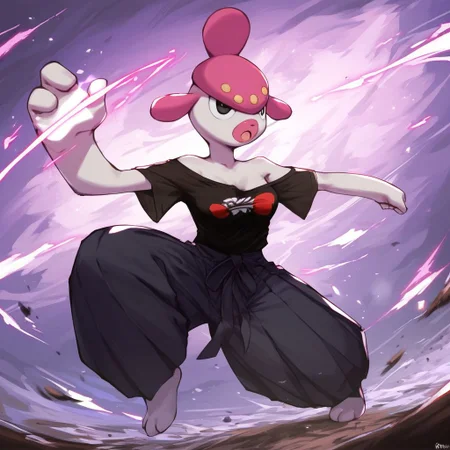(Bfwf | (aqm:0.7), (score_9, score_8_up, score_7_up, score_6_up), source_anime, ratings_questionable, ((solo)), anthro,
Medicham_(Pokemon), small breasts,
((Black t-shirt, black hakama)), off-shoulder,
Fighting stance,
Forrest,