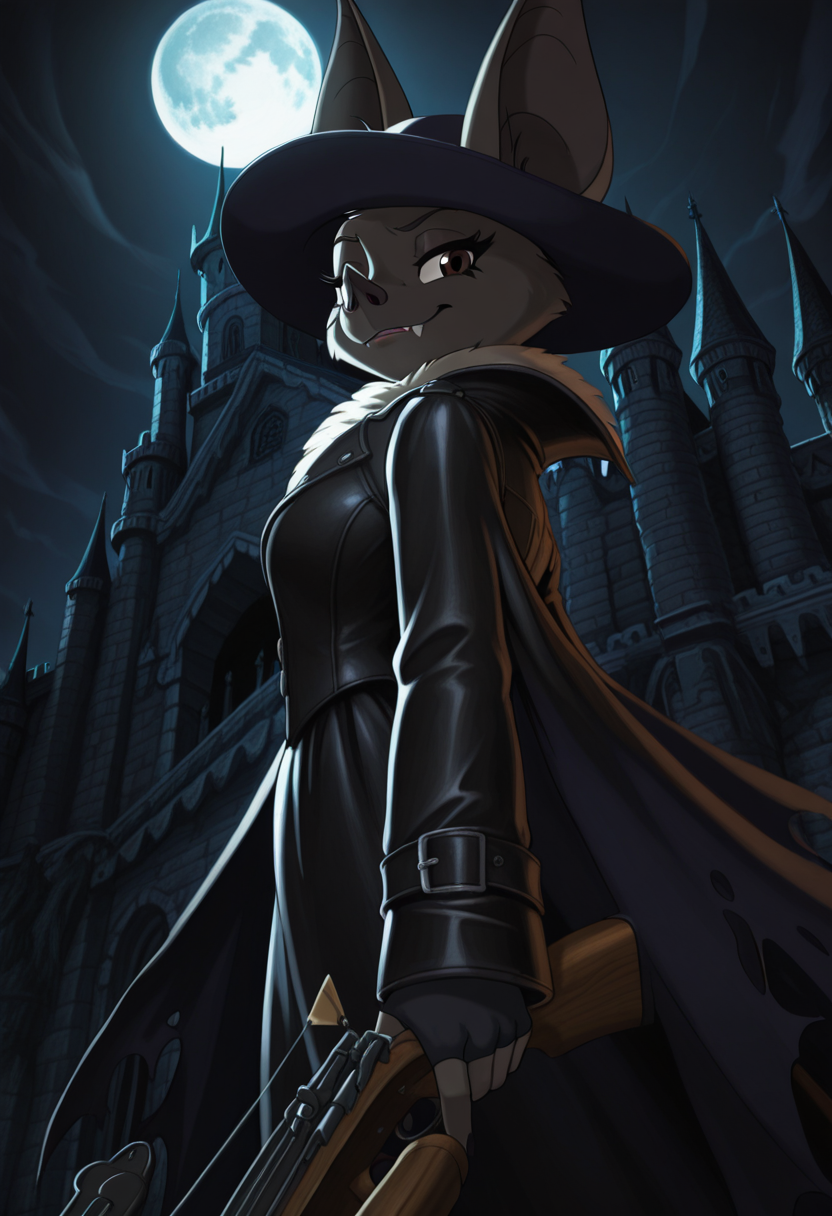 Graphic Design, cinematic lighting, color art, vibrant colors, colorful, intricate details, high contrast, detailed background, beautiful detailed, beautiful face, detailed eyes, detailed face, new, n41n4b4t, 1girl, solo, furry, bat (animal), bat ears, fangs, brown eyes, leather coat, victorian clothes, male clothes, black wide-brimmed hat, fingerless glowes, torn coat, weapon, holding weapon, crossbow, smirk, low angle, from side, cowboy shot, dutch angle, perspective, dynamic pose, castle, night, dark, moon, head up, (masterpiece, best quality, newest, recent, absurdres),