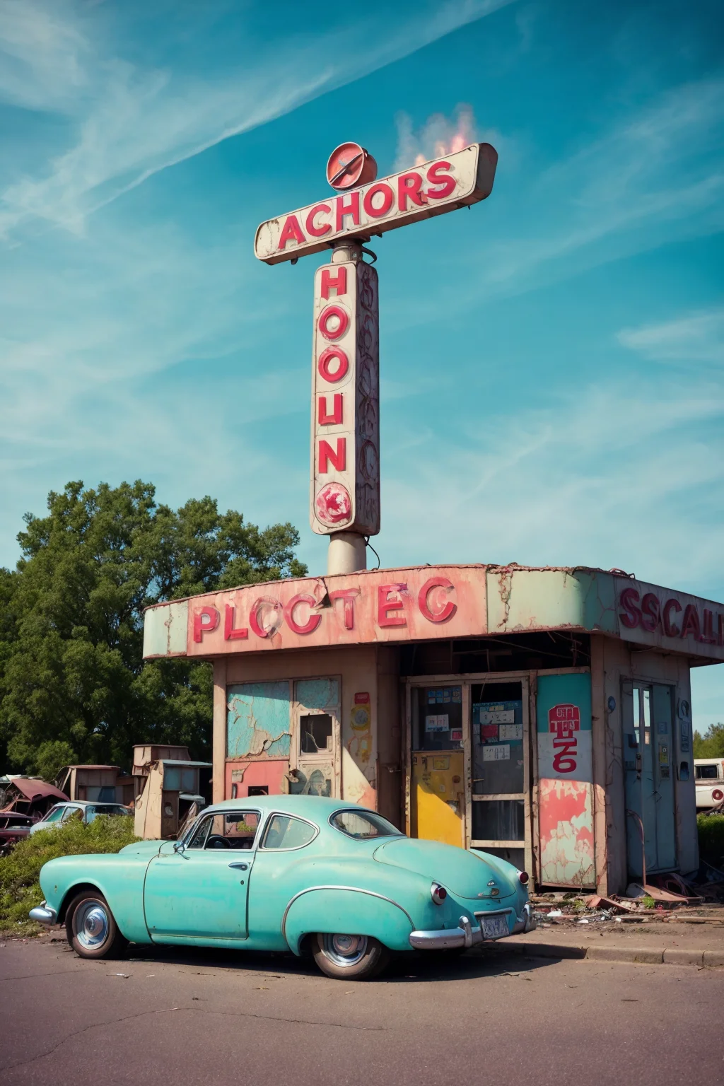 cars around abandoned gas station sign made from a rocket beautiful blue sky Clutter-Home (AtomPunkStyleSD15:1.0), (masterpiece:1.2) (photorealistic:1.2) (bokeh) (best quality) (detailed skin) (intricate) (8k) (HDR) (cinematic lighting) (sharp focus)