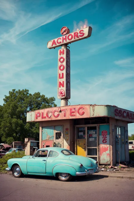 cars around abandoned gas station sign made from a rocket beautiful blue sky Clutter-Home (AtomPunkStyleSD15:1.0), (masterpiece:1.2) (photorealistic:1.2) (bokeh) (best quality) (detailed skin) (intricate) (8k) (HDR) (cinematic lighting) (sharp focus)