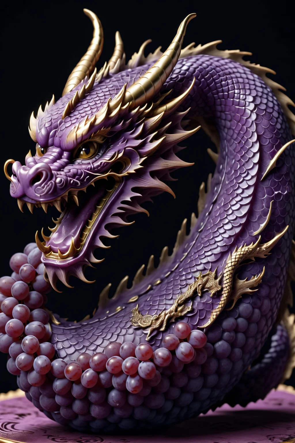 <lora:Dragon_Engraving-000002:0.8> dragon engraving on a purple grape, 8k resolution,