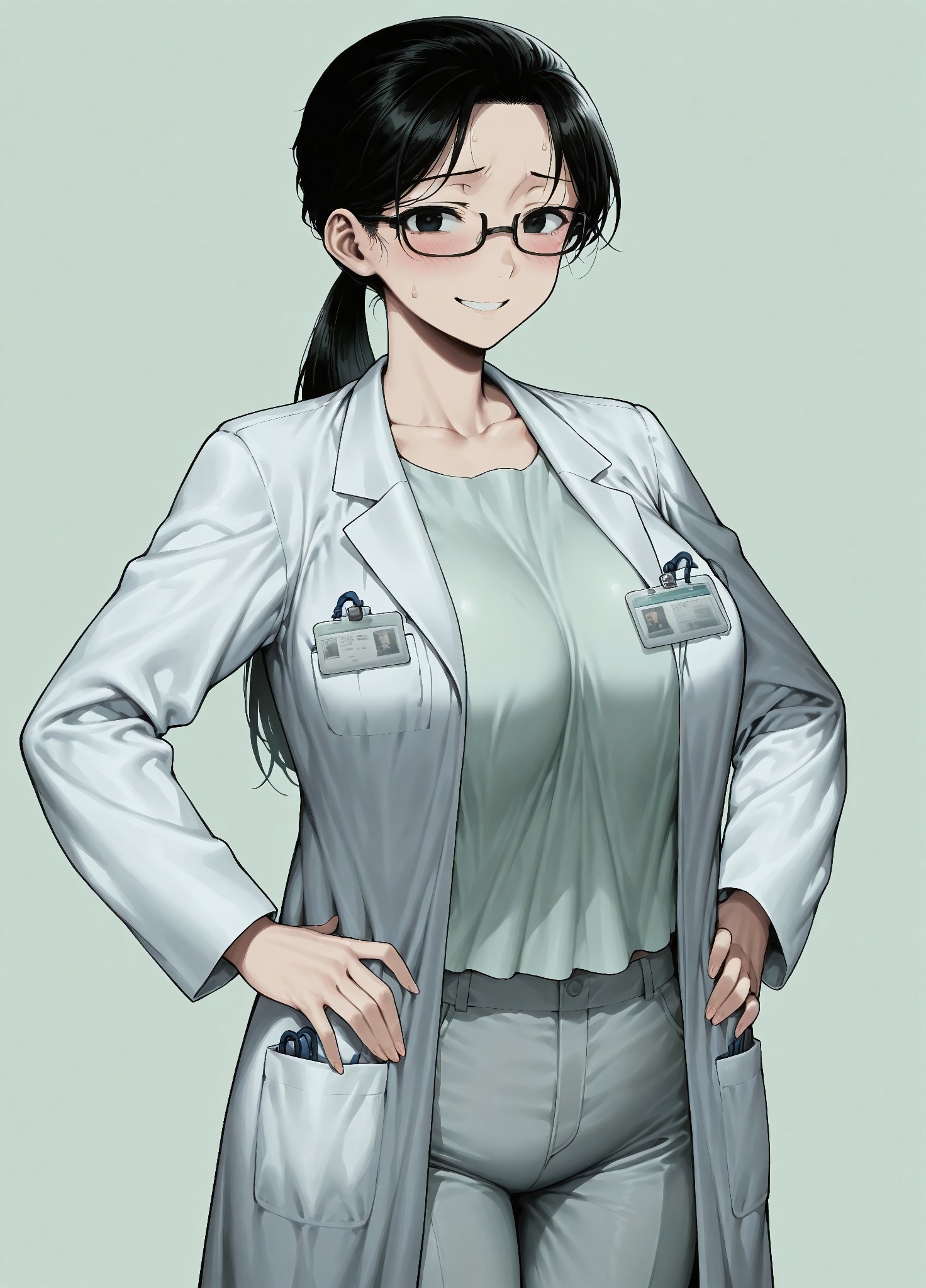 masterpiece, best quality, amazing quality, absurdres, 

Madoka_Hiroo, 1girl, black eyes, black hair, breasts, large breasts, ponytail,

black-framed eyewear, semi-rimless eyewear, white coat, labcoat, name tag, shirt, collarbone, id card, pants, pocket, grey pants, long sleeves,

, smile, standing, hands on the hips, cowboy shot, looking at viewer, standing, blush,simple background, dark green background,