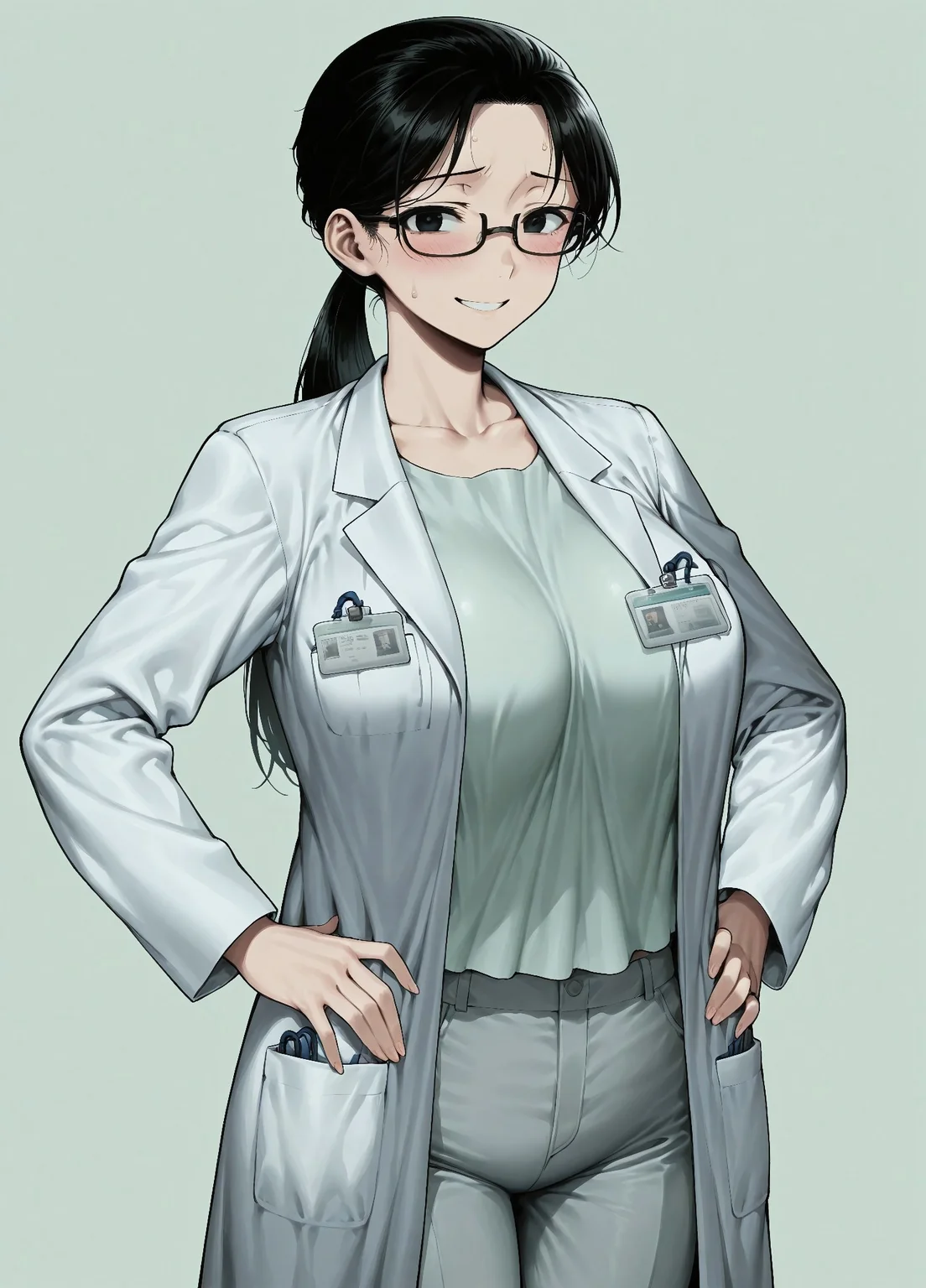 masterpiece, best quality, amazing quality, absurdres,
Madoka_Hiroo, 1girl, black eyes, black hair, breasts, large breasts, ponytail,
black-framed eyewear, semi-rimless eyewear, white coat, labcoat, name tag, shirt, collarbone, id card, pants, pocket, grey pants, long sleeves,
, smile, standing, hands on the hips, cowboy shot, looking at viewer, standing, blush,simple background, dark green background,