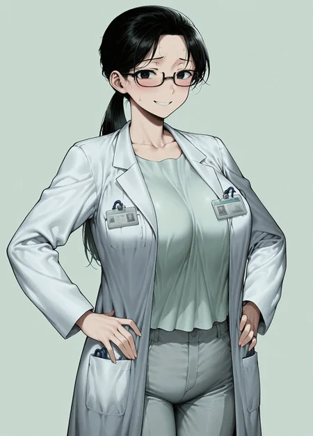 masterpiece, best quality, amazing quality, absurdres, 

Madoka_Hiroo, 1girl, black eyes, black hair, breasts, large breasts, ponytail,

black-framed eyewear, semi-rimless eyewear, white coat, labcoat, name tag, shirt, collarbone, id card, pants, pocket, grey pants, long sleeves,

, smile, standing, hands on the hips, cowboy shot, looking at viewer, standing, blush,simple background, dark green background,