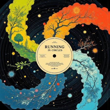 This digital artwork features an intricate and vibrant close-up of a vinyl record, rendered with stunning detail and a creative seasonal theme. The record’s grooves form four distinct spiral arms, each showcasing a different season with a harmonious blend of artistry and storytelling.
The first spiral arm, painted in a lush green color theme, depicts a minimalist yet elegant sketch of a tree branch adorned with fresh buds and delicate blossoms, symbolizing the renewal and vitality of spring.
 The second arm, glowing in a radiant red color theme, illustrates the branch in full summer bloom, brimming with lush green leaves and delicate, artful fruits that exude warmth and abundance.
 The third spiral arm, swathed in earthy orange tones, transitions to autumn, displaying the branch with foliage in brilliant shades of red, orange, and gold. The leaves are gracefully drifting, capturing the nostalgic beauty of fall.
 The fourth arm, in a cool blue color palette, evokes winter with the same branch now bare, covered in intricate snowflakes and shimmering icicles, a serene yet striking depiction of the cold season.
At the center of the record is an off-white label that adds a timeless touch. It features the title "RUNNING IN CIRCLES" in an elaborate, medieval-inspired font. The slight wear on the label adds a vintage authenticity to the composition.
The overall aesthetic combines the crisp realism of professional photography with a vivid colored surreal, artistic touch.