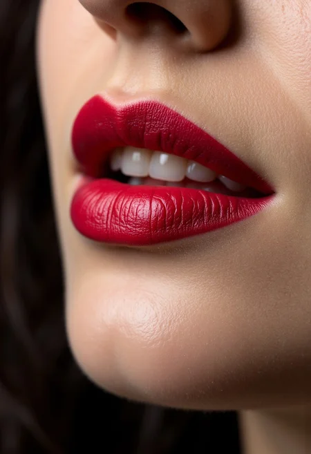 "A detailed close-up of a woman’s lips as she softly smiles, wearing a bold crimson lipstick. The studio lighting highlights the glossy texture of her lips and the flawless smoothness of her skin, while the blurred background enhances the intimate focus of the image."
, aidmarealisticskin, aidmaHyperrealism