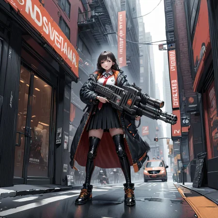 school girl shooting (a hvyflamer weapon with black fuel pipes) in hand, NYC street, High quality realistic anima