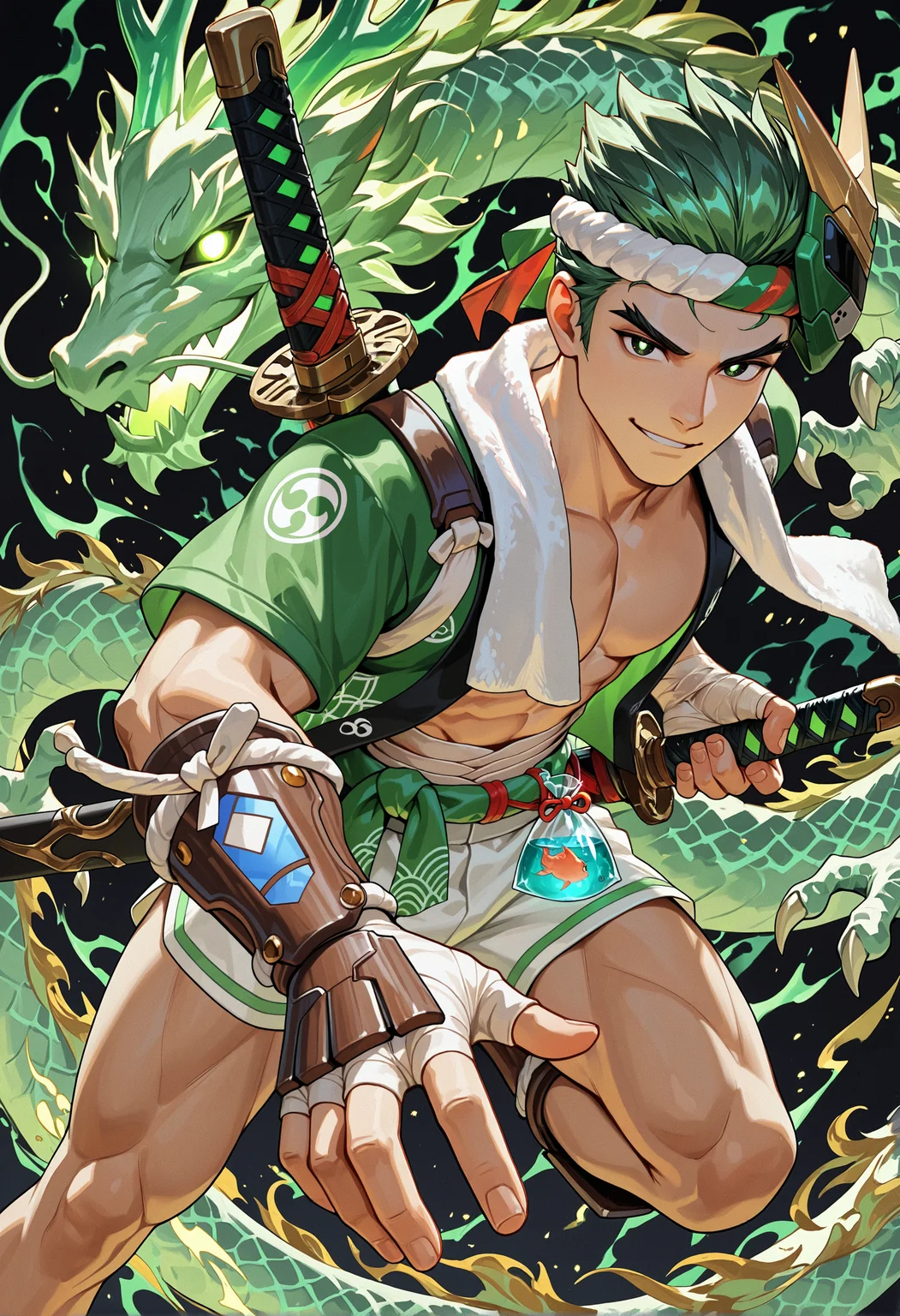 masterpiece, best quality, newest, absurdres, highres, very awa, 1boy, male focus, toned male, genji, solo, black background, nejiri hachimaki, mask on head, hand wraps, happi, open clothes, abs, bandages, katana, sheathed, waist sash, single vambrace, sword on back, mitsudomoe \(shape\), dolphin shorts, wakizashi, multiple swords, midriff sarashi, holding weapon, towel around neck, bagged fish, single greave, unsheathed, single suneate, vambraces, unsheathing, looking at viewer, dragon, eastern dragon, green dragon spirit, aura, green flames, ghost dragon, see-through dragon, glowing eyes, smirk, posing, black eyes, white pupils, midair, aura, abstract, surreal, creative, dynamic pose, claws, (foreshortening:1.1), dynamic angle, green theme, colorful