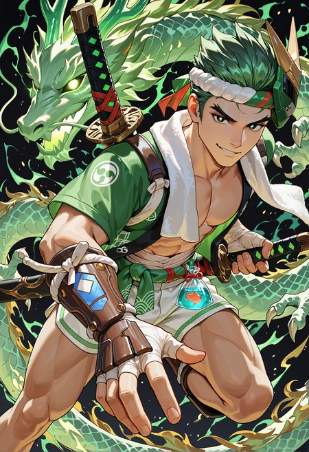 masterpiece, best quality, newest, absurdres, highres, very awa, 1boy, male focus, toned male, genji, solo, black background, nejiri hachimaki, mask on head, hand wraps, happi, open clothes, abs, bandages, katana, sheathed, waist sash, single vambrace, sword on back, mitsudomoe \(shape\), dolphin shorts, wakizashi, multiple swords, midriff sarashi, holding weapon, towel around neck, bagged fish, single greave, unsheathed, single suneate, vambraces, unsheathing, looking at viewer, dragon, eastern dragon, green dragon spirit, aura, green flames, ghost dragon, see-through dragon, glowing eyes, smirk, posing, black eyes, white pupils, midair, aura, abstract, surreal, creative, dynamic pose, claws, (foreshortening:1.1), dynamic angle, green theme, colorful