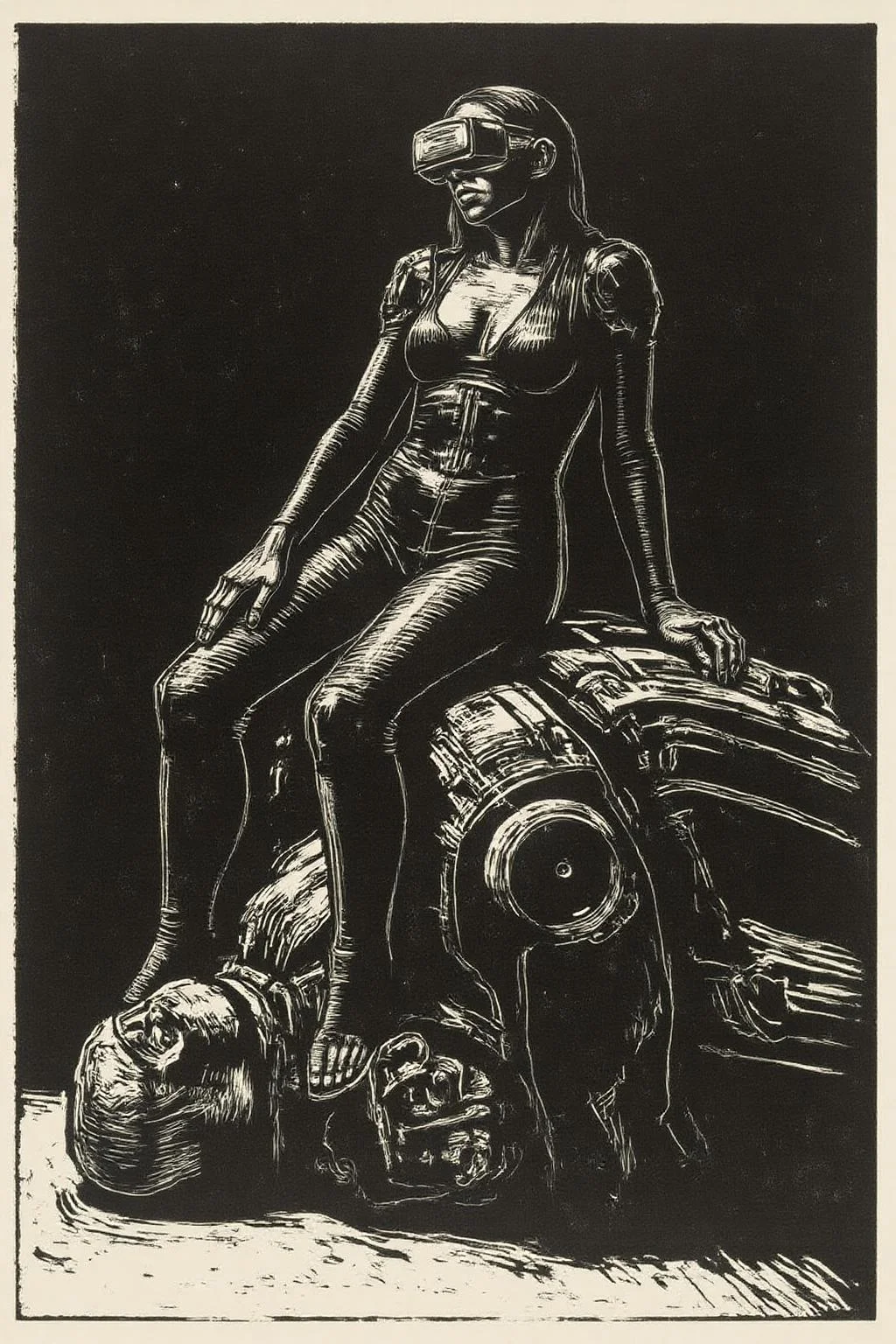 kako1 black and white woodcut print. A striking, futuristic scene depicts a woman dressed in sleek, form-fitting leather attire, sitting confidently atop an open power suit, inspired by the cyberpunk aesthetics of Masamune Shirow. The power suit, a blend of advanced technology and military-grade armor, features intricate mechanical details, exposed wiring, and a robust, yet streamlined design. The woman, wearing a cutting-edge VR headset, exudes a sense of control and mastery over the machine beneath her. Her posture is relaxed yet commanding, with one hand resting on the suit's metallic surface and the other casually holding a piece of advanced tech. <lora:kako3_woodcut_cap_d6a3e11:1.0><lora:817691546431500560:0>