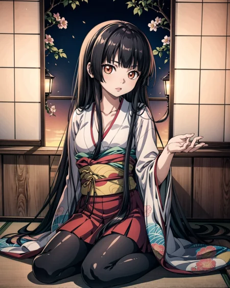<lora:em_ai_v1:0.7>, <lora:kaguyaH:0.7>, 1girl, solo, enma ai, KaguyaH, black kimono, floral print, long red skirt, japanese clothes, sunset, twilight, beautiful, gravure, hime_cut, blunt_bangs, very_long_hair, shouji, window, tatami, scenery, cinematic lighting, <lora:add_detail:1>, masterpiece, best quality, perfect composition, <lyco:GoodHands-beta2:1.0>,
