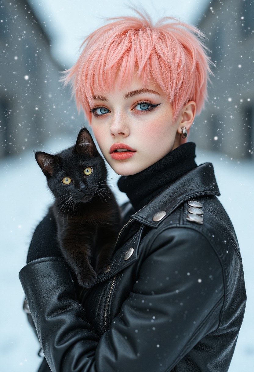 FictionalPeach, punk girl with short pink hair. Wearing a leather jacket with metal studs. Holding a small black cat. In the snow