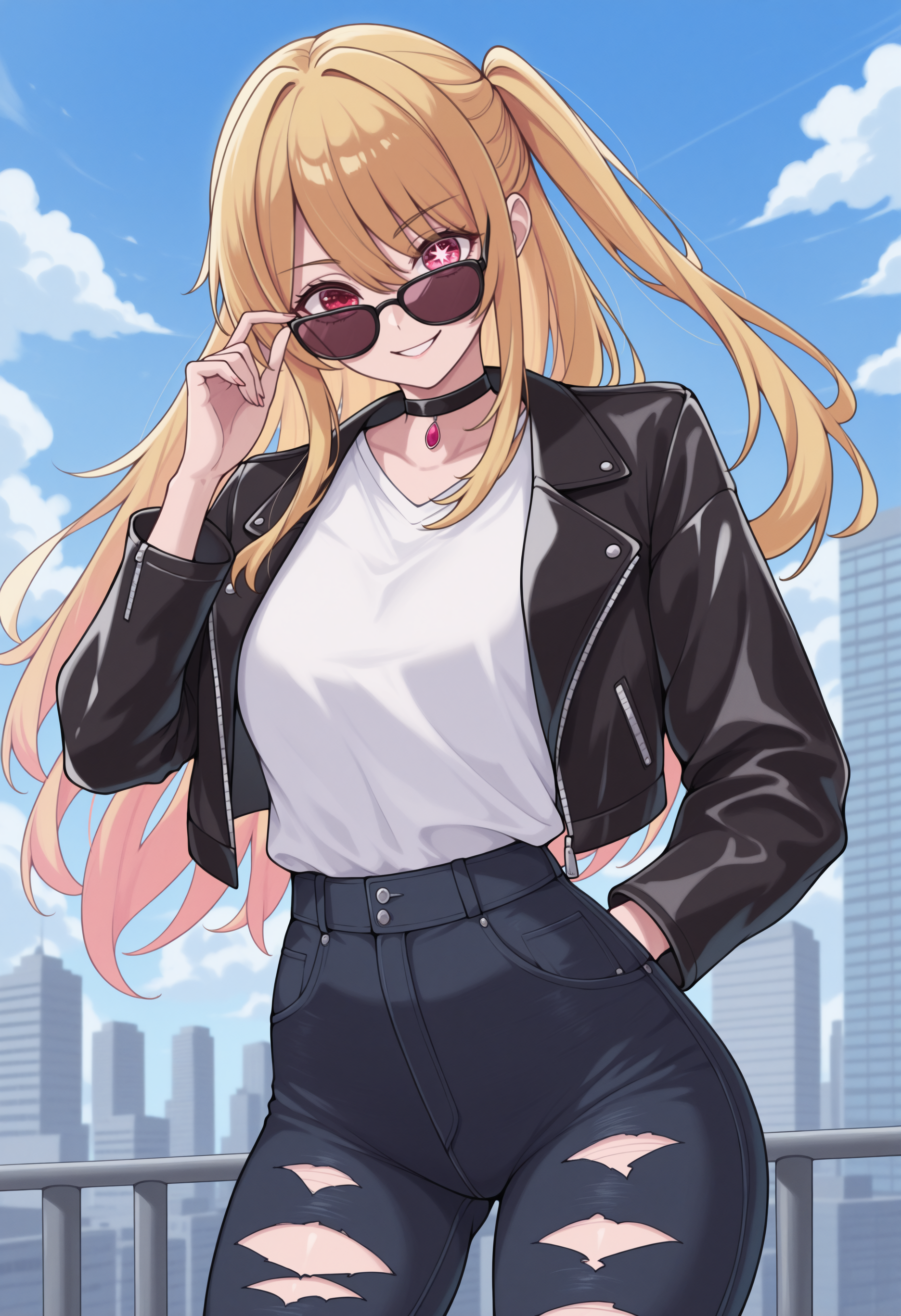 masterpiece, best quality, solo, 1girl, rbhshndef, smile, looking at viewer, standing, adjusting eyewear, long hair, blonde hair, sidelocks, hair between eyes, one side up, pink eyes, mismatched pupils, star-shaped pupils, sunglasses, black jacket, leather jacket, open jacket, long sleeves, white shirt, t-shirt, torn jeans, black choker, outdoors, blue sky, cloud, cityscape, building, skyscraper
<segment:yolo-face_yolov8m.pt,0.4,0.5//cid=1>
