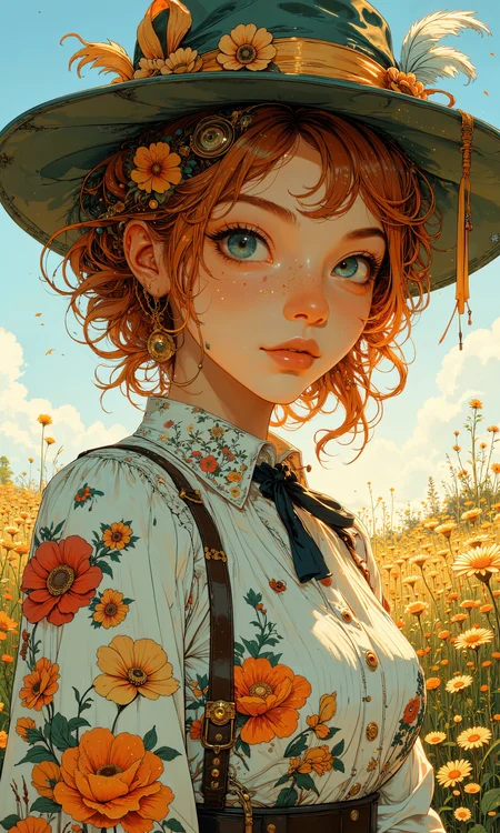 A vibrant portrait of a spirited young woman with deep azure eyes and unruly, cascading auburn curls. Her face shows curiosity and mischief. She wears an intricately embroidered vintage blouse with colorful floral patterns, paired with a wide-brimmed, moss-green hat adorned with silk ribbons and feathers. Her posture is confident and poised. The background features a sunlit meadow dotted with wildflowers, creating a dreamy, pastoral setting. Soft, diffused lighting enhances her radiant features and brings out the vivid contrasting colors of her attire. The composition is harmonious and balanced, with a subtle hint of whimsy. The scene is depicted in a high-quality, hyper-detailed style, reminiscent of impressionist paintings, capturing the warmth of a serene summer afternoon. <lora:FluxMythG0thicL1nes:0.6> <lora:Rainbow_on_black_style-000003:0.5> <lora:Ethereal Brush Anime v2.0:0.2> <lora:Blue_Future:0.9> <lora:flux_dev:1>