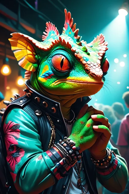 Detailed digital illustration of an anthro Chameleon (Eyes closed, peaceful tranquility) at a Underground club with pulsating electronic music, <lora:xl_more_art-full_v1:0.5>,  <lora:anthro_muscular:0.7>,  <lora:MJ52:0.6>, <lora:madpunk:0.4> madpunk