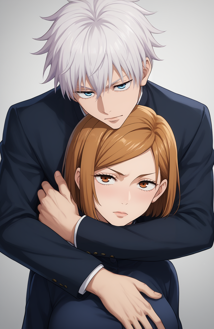 score_9, score_8_up, score_7_up, score_6_up, BREAK, source_anime, rating_explicit, masterpiece, best quality, detailed background 
 <lora:Gojou_Satoru_JUJUTSUKAISEN_Culty:0.8> 1girl, kugisaki nobara, brown eyes, school uniforms, large breasts,  hug from behind,1boy, gojou satoru, white hair, blue eyes,  upper body, black jacket,
