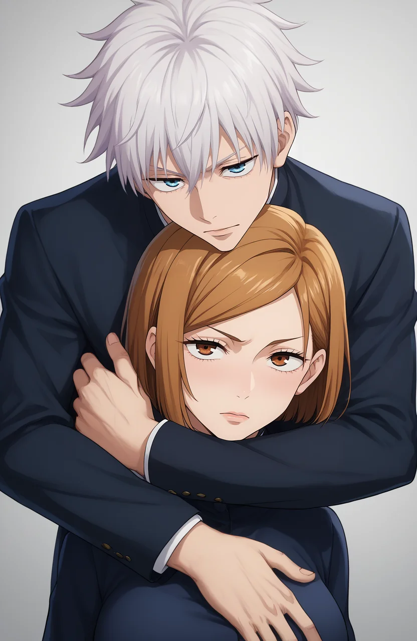 score_9, score_8_up, score_7_up, score_6_up, BREAK, source_anime, rating_explicit, masterpiece, best quality, detailed background
<lora:Gojou_Satoru_JUJUTSUKAISEN_Culty:0.8> 1girl, kugisaki nobara, brown eyes, school uniforms, large breasts, hug from behind,1boy, gojou satoru, white hair, blue eyes, upper body, black jacket,