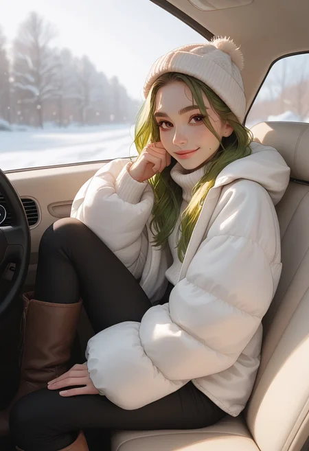 score_9, score_8_up, score_7_up, score_6_up, 1 gorgeous girl), beautiful face, cheerful expression, bubbly expression, happy expression, low ponytail, big smile, light green hair, innocent face, cute face, skinny, slim, micro waist, thin thighs, dark red eyes, messy hair, puffy winter jacket, black yoga pants, beanie, leggings, green hair,  eyebrows, forehead, freckles, beauty mark, mole, zoom in on face, depth of field, car interior, posing for photo, sidebangsv08, background winter street, warm lighting, cinematic shot, inside car, passenger seat, feet up, resting feet on dashboard, winter background, snow background, cold, extra_puffy_jacket, big boots, big oversized boots