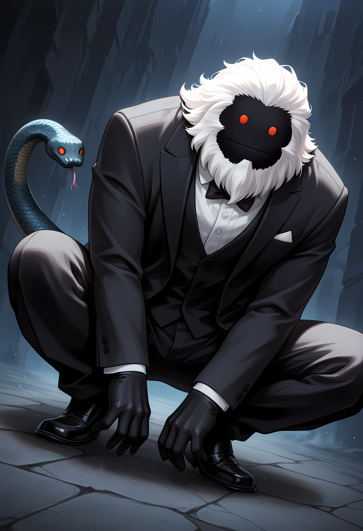 masterpiece, best quality, amazing quality, dutch angle, abstract background, BREAK
1boy, solo, male focus, smt_nue, monster, multicolored body, red eyes, black face, white hair, beard, black tuxedo, formal, bow tie, snake tail, crouching, BREAK
<lora:cfg_scale_boost:.6>   <lora:Nue_-_Shin_Megami_Tensei_-_ILXL:1>