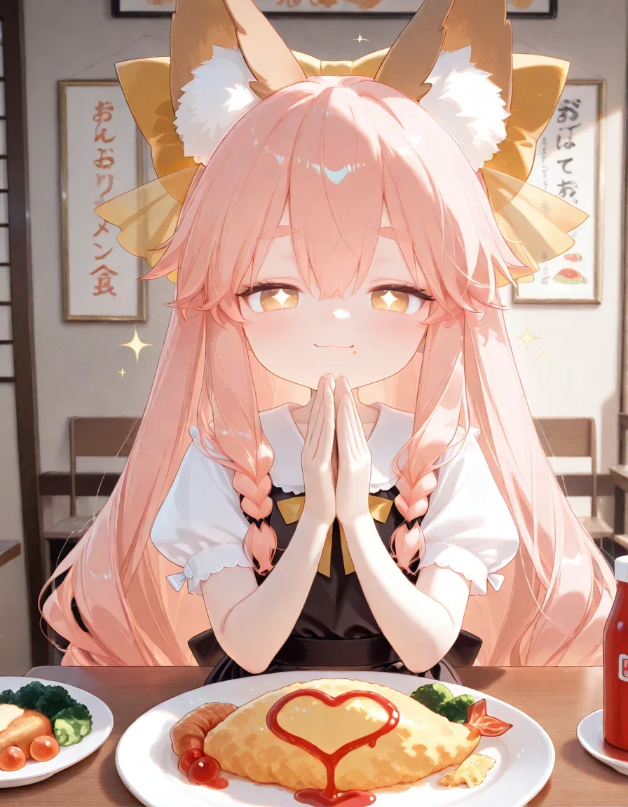 1girl, tamamo aria \(fate\), jitome, bedroom eyes, smile, clapping, restaurant, food, table, pov across table, sparkling eyes, shrimp tempura, omurice, ketchup,
very awa, masterpiece, best quality, amazing quality, absurd res, hi res, highres, <lora:naitian_epoch_15:0.8>