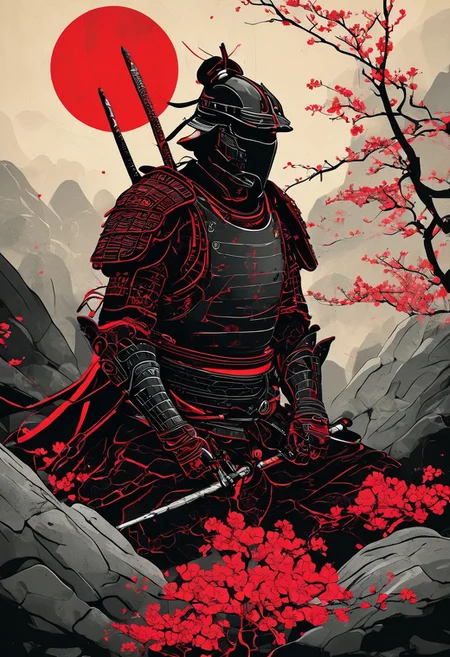 Japanese Samurai warrior in armor, zen garden, spring, sunshine, sakura, meditation, stream, rock garden,
black and red color palette, cybernetic design, futuristic elements, bold lines, flat colors, simple details, retro-futuristic vibe