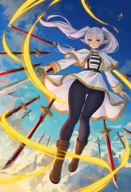 anime, anime coloring,very awa,masterpiece,best quality,year 2024,newest,highres,absurdres,from front, 1girl,aegyo sal,tareme,makeup,sousou no frieren,frieren,long eyelashes,eyelashes,thick eyelashes,twintails,eyeliner, (weapon formation:1.4), (floating weapon:1.2), floating huge sword, floating object,(multiple weapons,multiple huge swords:1.2),(huge sword:1.2),
full body,closed mouth,lips, nose,red earrings,floating hair,floating ,wind,(floating skirt,skirt lift),cameltoe,
black leggings,boots,elf,full body,gold trim,green eyes,leggings,long hair,pointy ears, white capelet, long sleeves,solo,(twintails),white hair, looking at viewer and facing viewer ,kirt, weapon,(casting spell:1.2),fingernails, nail polish,
(flying,suspenders,floating),
,(sky,flying,cloud:1.2) <lora:floating weapon-noob-V1:0.7>, <lora:il_brightness_slider_d1:-1.>