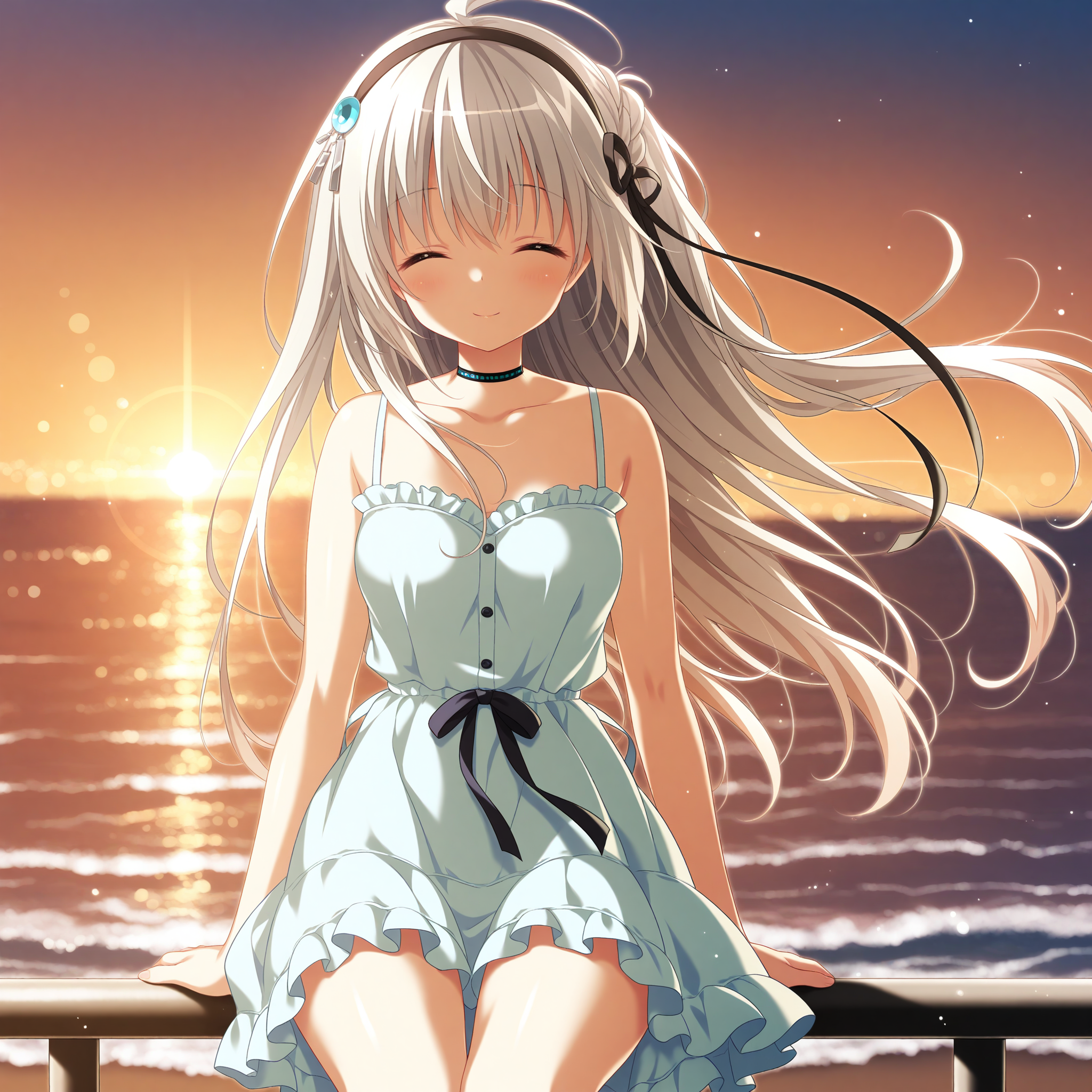 <lora:Nanami_Shirone_1_nai-000028:1>,Nanami Shirone,black choker,black hairband,hair ornament,hair ribbon,black ribbon,
bare shoulders,frilled dress,sleeveless dress,white dress,sundress,off-shoulder dress,white straps,waist ribbon,frills,
BREAK
1girl,solo,sitting,on railing,ocean,wind,floating hair,looking to the side,smile,closed eyes,arms at sides,sunset,depth of field,lens_flare,front view,arm support,